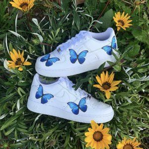 Nike Air Force 1 Low Light Blue Butterfly Design White Custom Shoes Men Women